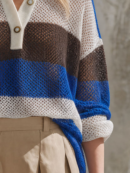Retro Casual Color-blocked Collared Button-down Long-sleeved Pullover