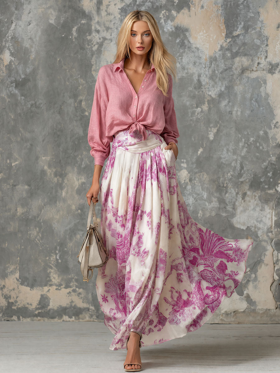 Retro-elegant Pink Cotton-linen Shirt And Paisley Chiffon Skirt Set