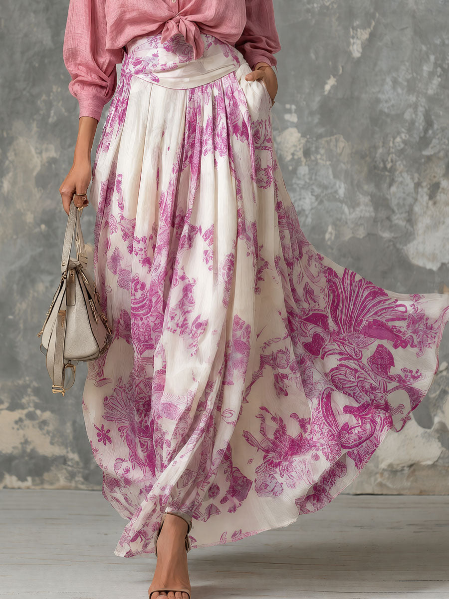 Retro-elegant Pink Cotton-linen Shirt And Paisley Chiffon Skirt Set