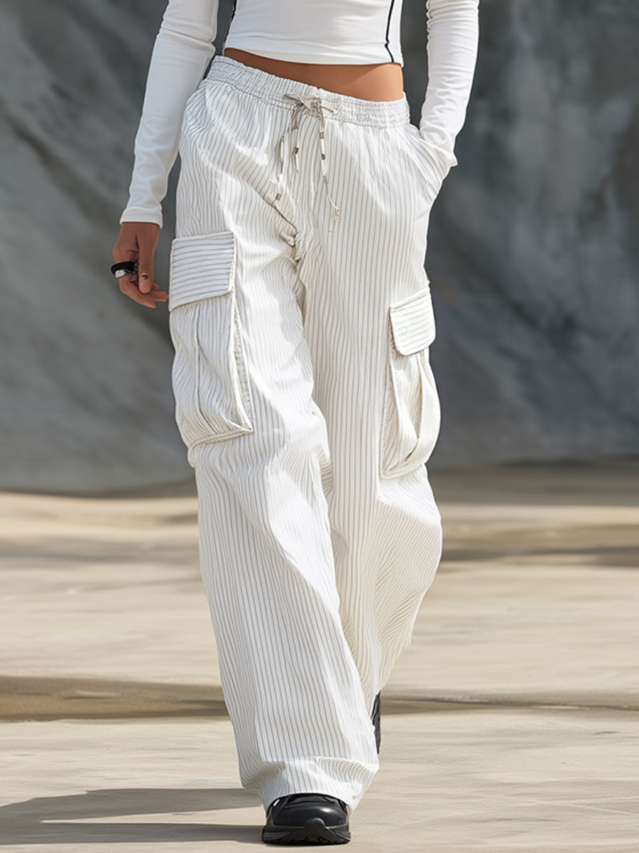 Casual Retro Round Neck White Long-sleeved T-shirt And Striped Cargo Pants Set
