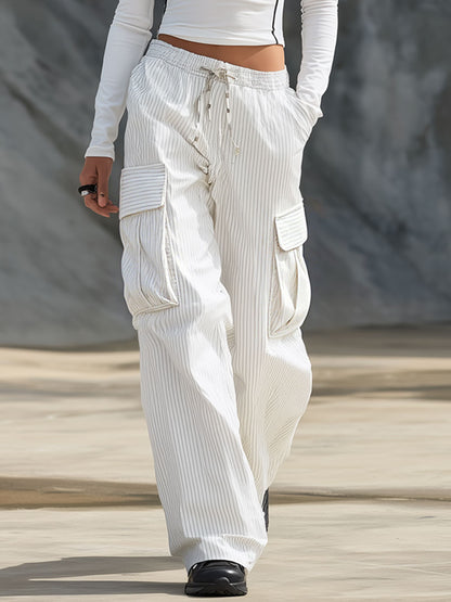 Casual Retro Round Neck White Long-sleeved T-shirt And Striped Cargo Pants Set