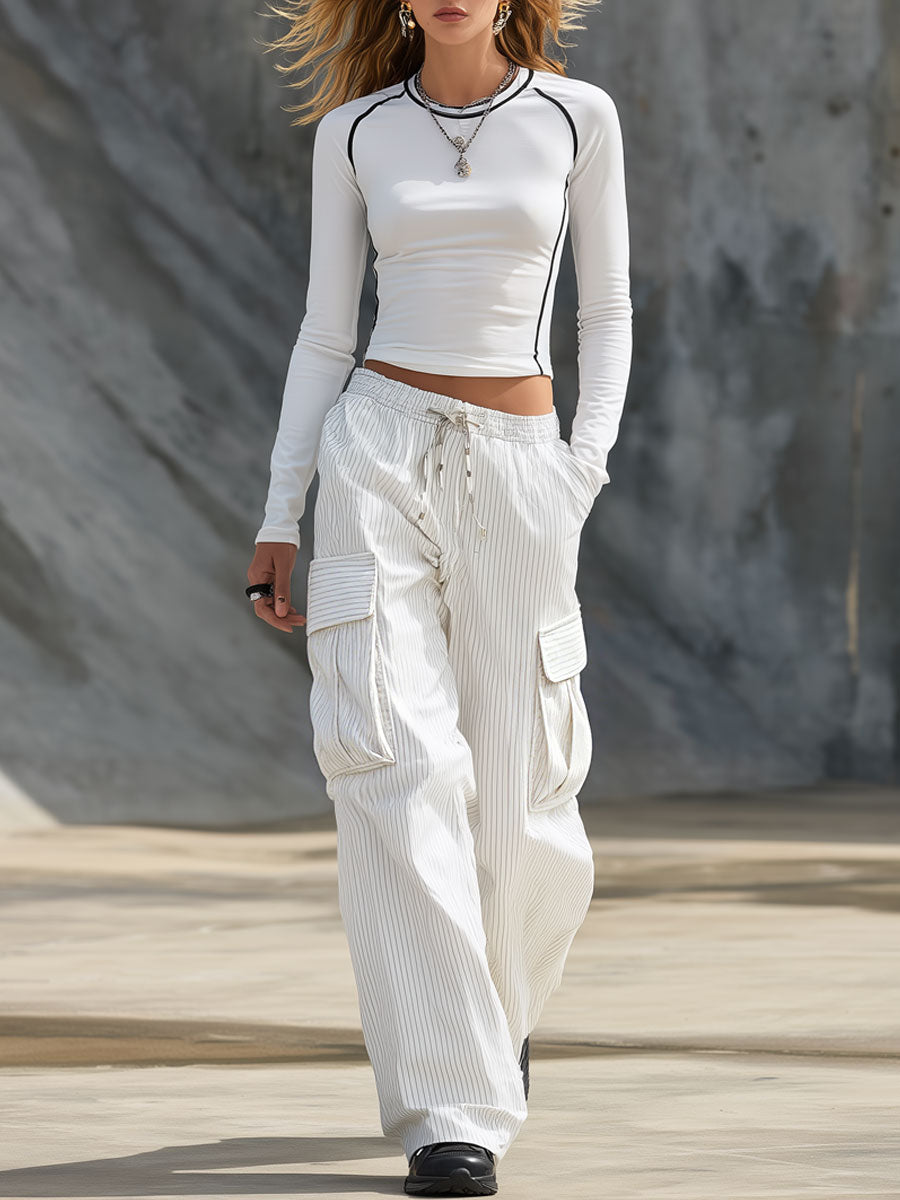 Casual Retro Round Neck White Long-sleeved T-shirt And Striped Cargo Pants Set