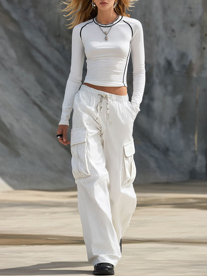 Casual Retro Round Neck White Long-sleeved T-shirt And Striped Cargo Pants Set