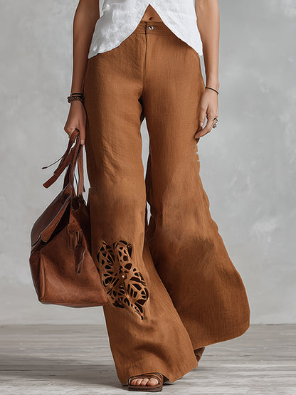 Vintage-style Elegant White T-shirt And Brown Cut-out Wide-leg Trousers Cotton-linen Set