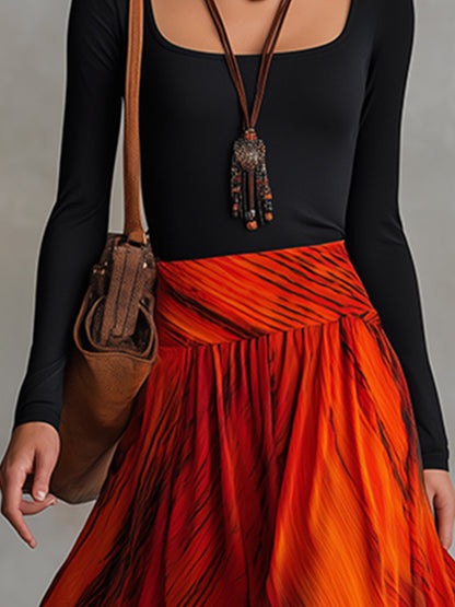 Elegant Black Stretch Cotton And Orange-red Printed Chiffon Patchwork Maxi Dress