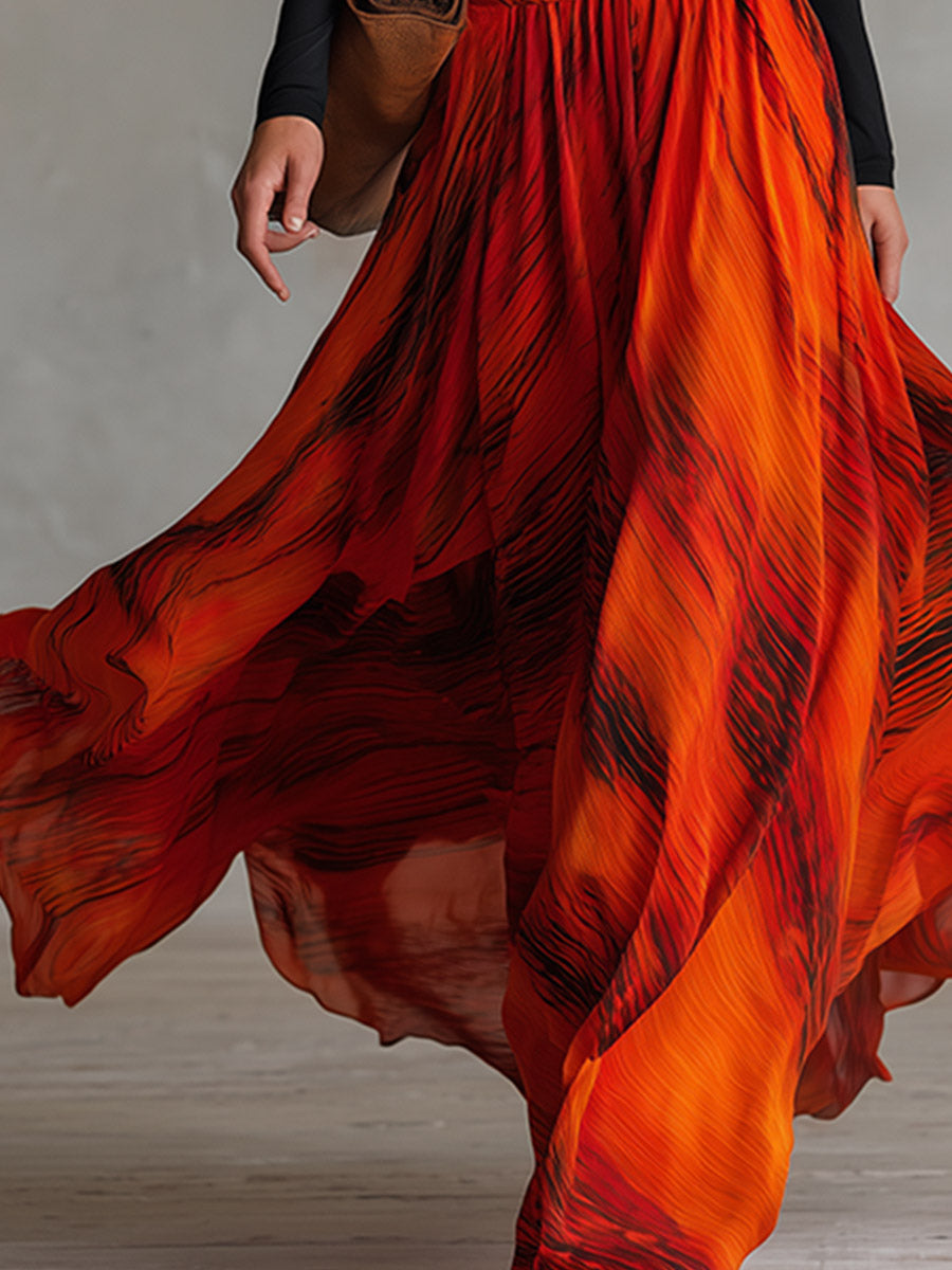 Elegant Black Stretch Cotton And Orange-red Printed Chiffon Patchwork Maxi Dress