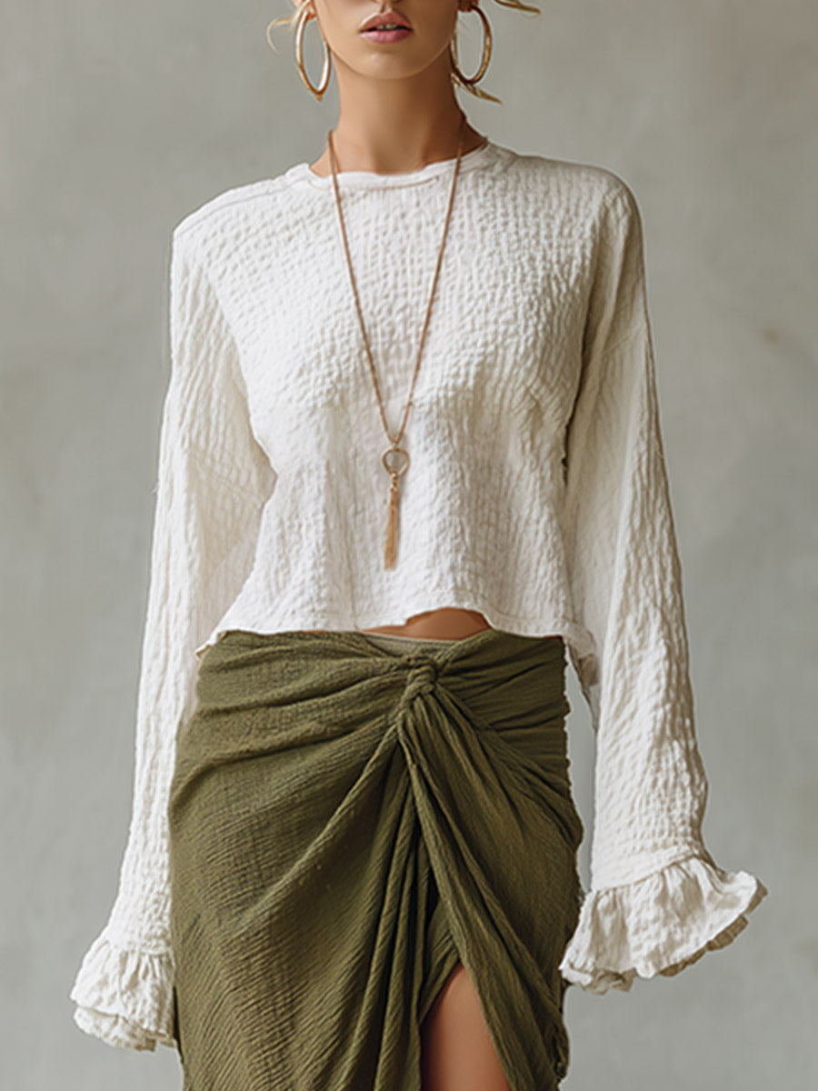 Retro Bohemian-style Beige Crinkled Top And Green Wrap Skirt Cotton-linen Set