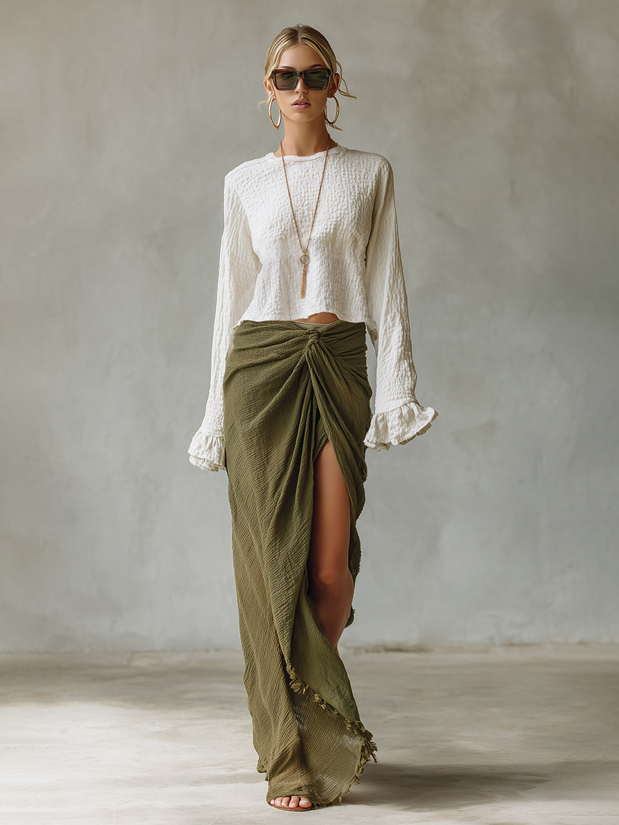 Retro Bohemian-style Beige Crinkled Top And Green Wrap Skirt Cotton-linen Set