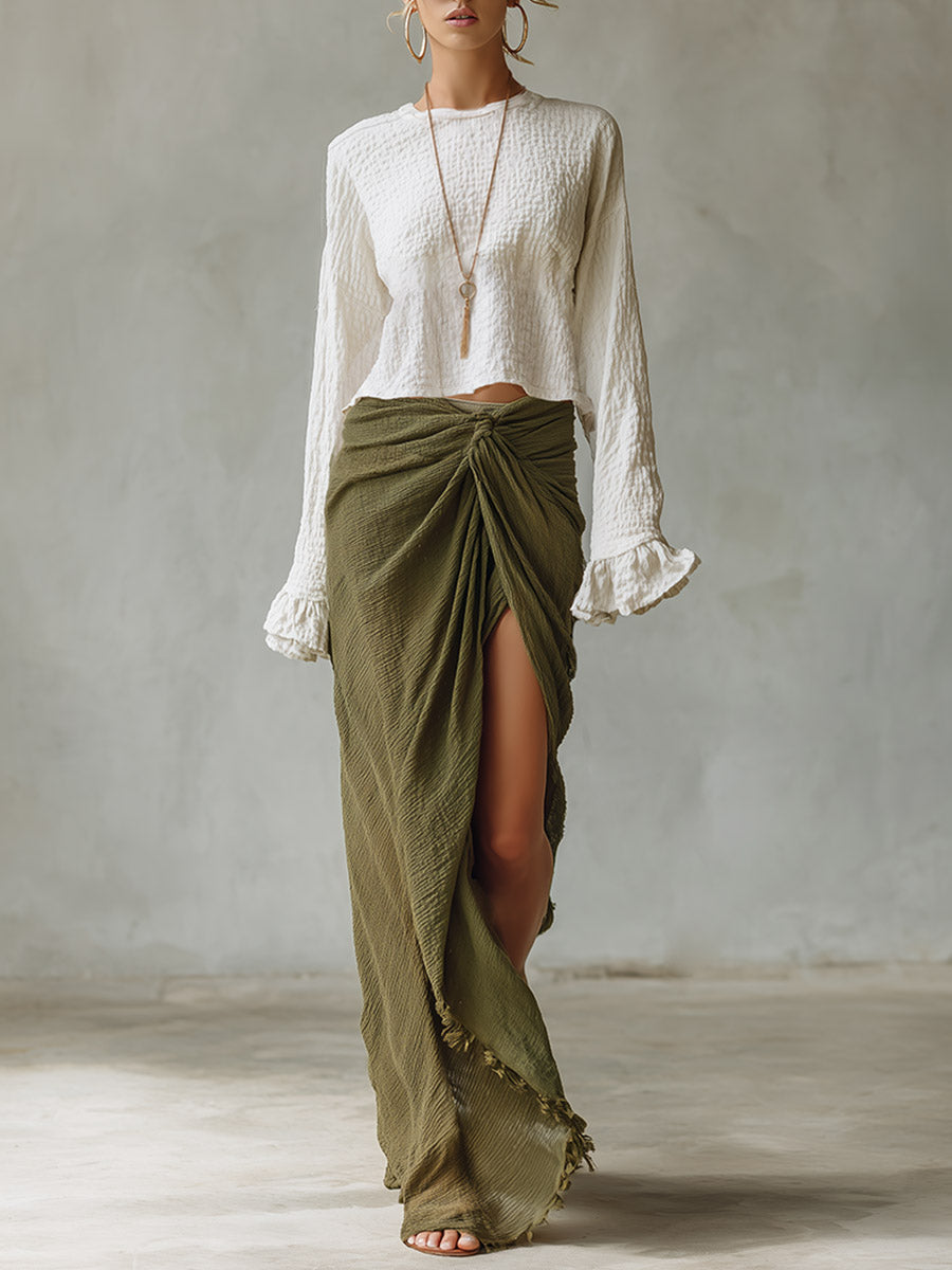 Retro Bohemian-style Beige Crinkled Top And Green Wrap Skirt Cotton-linen Set