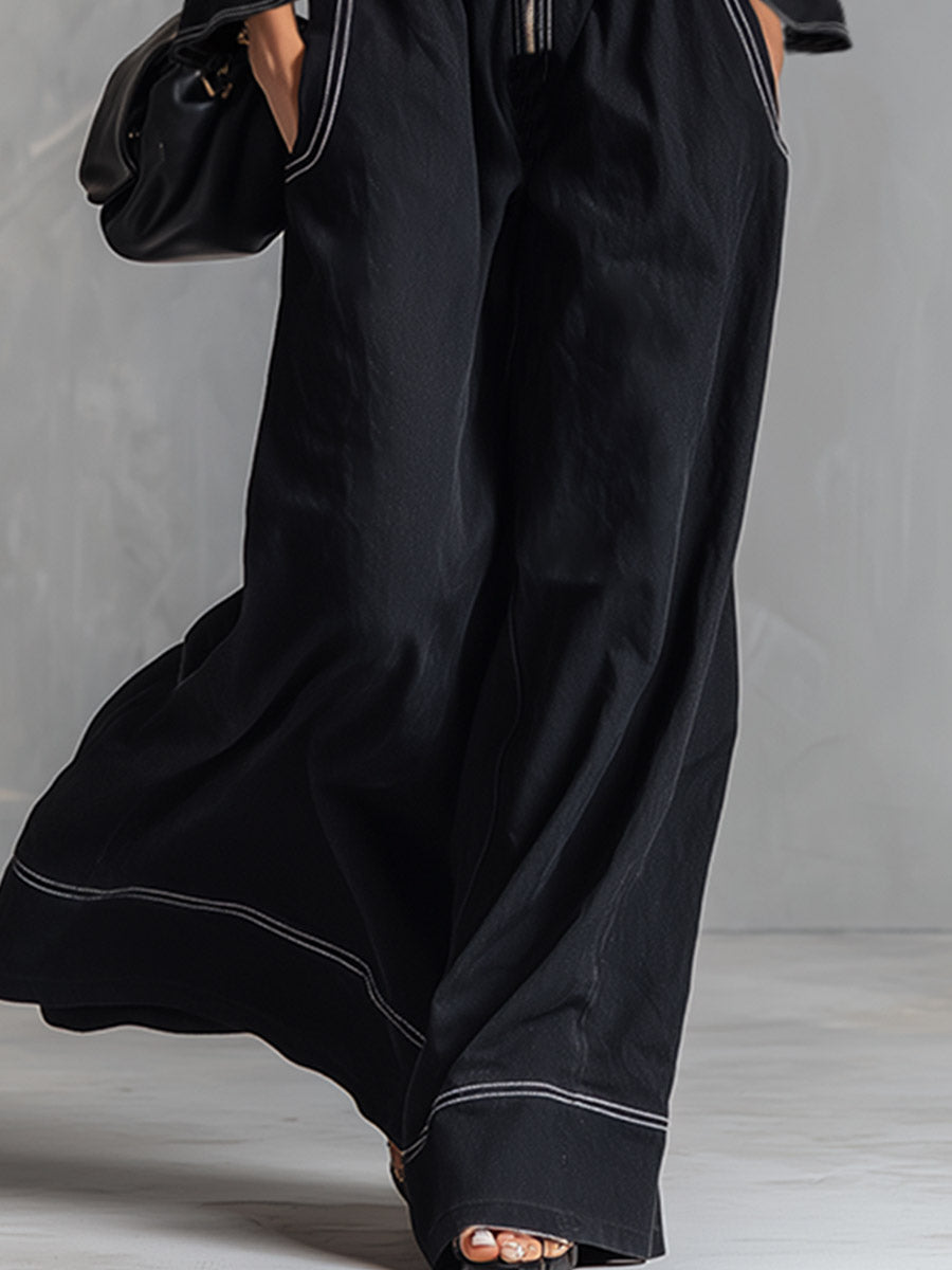 Chic Urban Top-Stitched Black Long-Sleeve Wide-Leg Jumpsuit