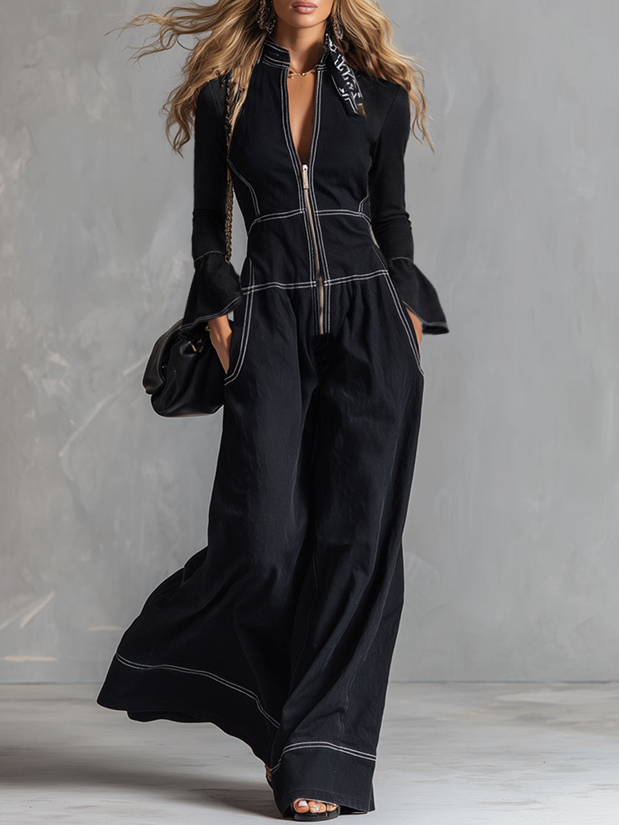 Chic Urban Top-Stitched Black Long-Sleeve Wide-Leg Jumpsuit