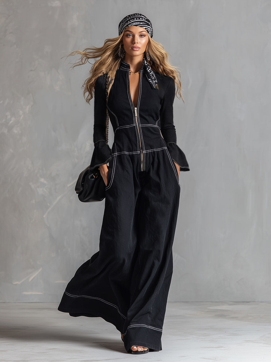 Chic Urban Top-Stitched Black Long-Sleeve Wide-Leg Jumpsuit