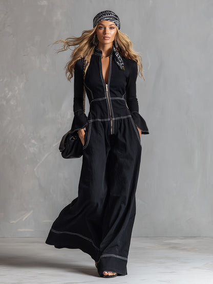 Chic Urban Top-Stitched Black Long-Sleeve Wide-Leg Jumpsuit