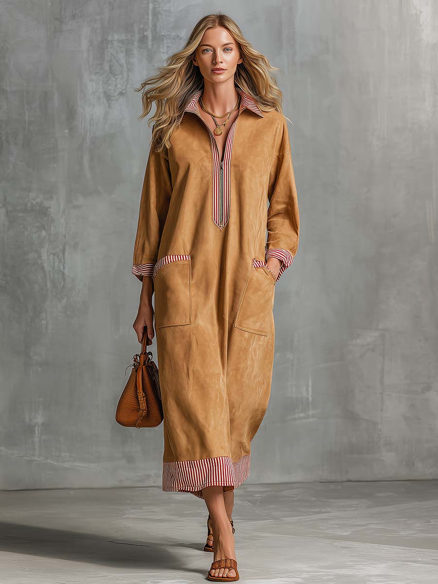 Retro Camel Faux-Suede Striped-Trim Collared Quarter-Zip Long-Sleeve Midi Dress