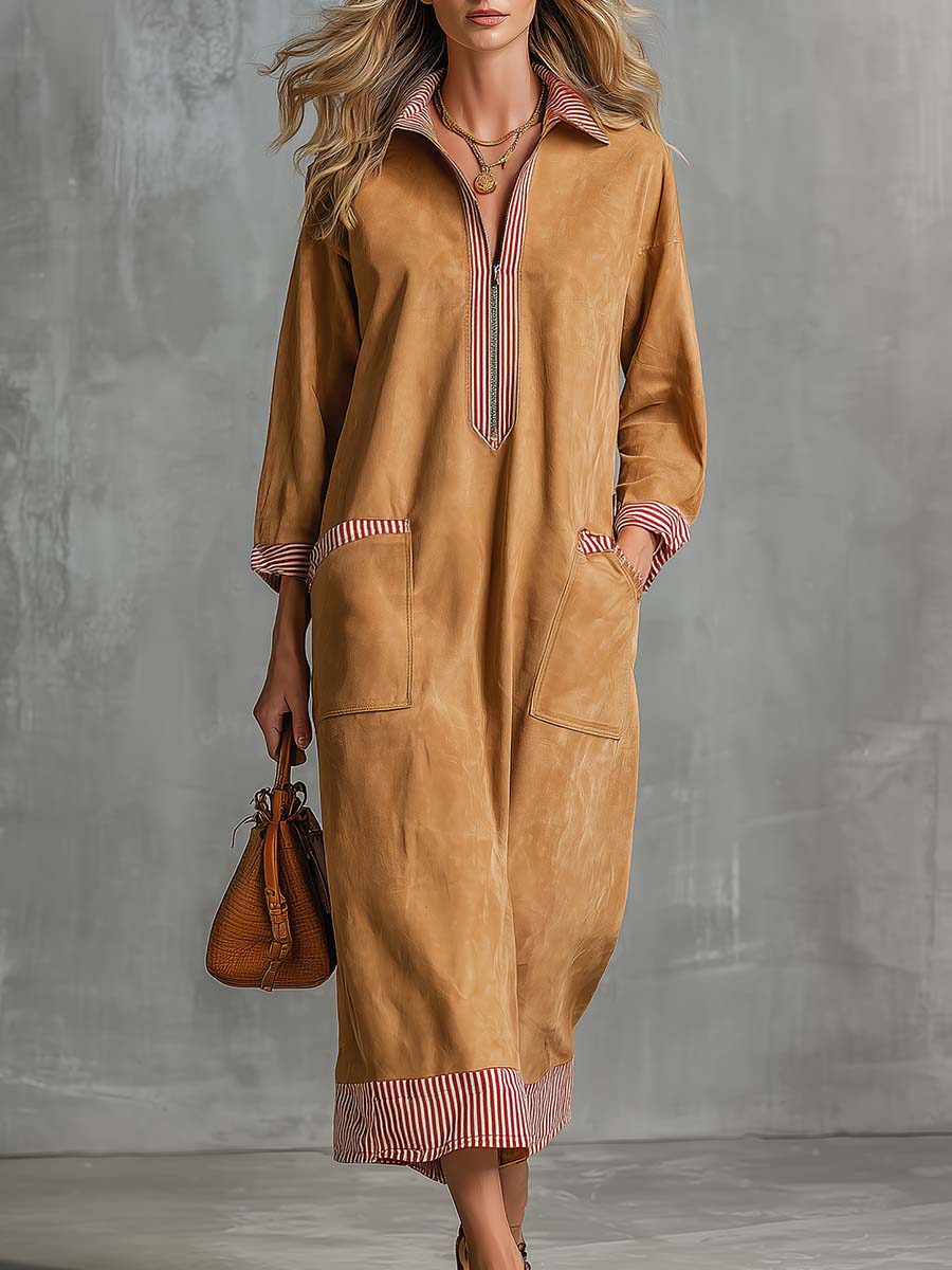 Retro Camel Faux-Suede Striped-Trim Collared Quarter-Zip Long-Sleeve Midi Dress