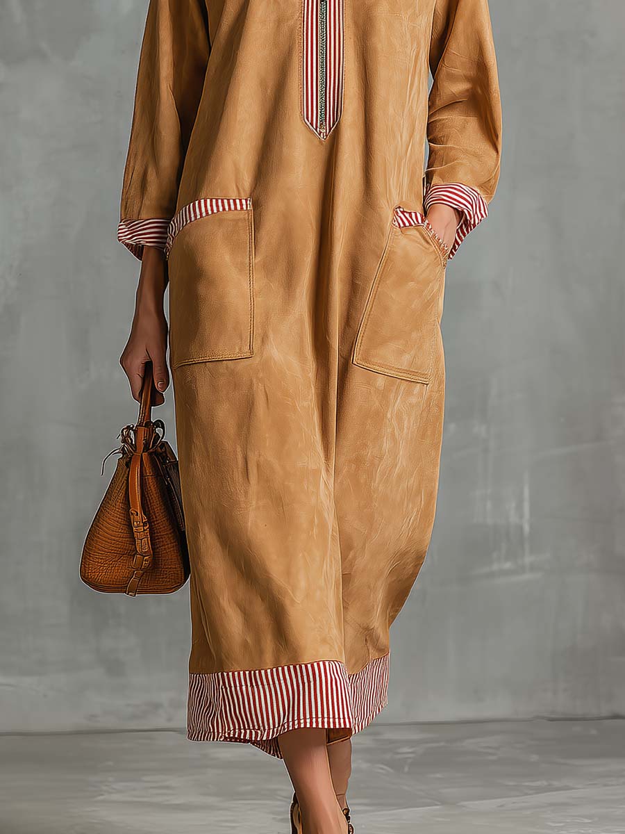 Retro Camel Faux-Suede Striped-Trim Collared Quarter-Zip Long-Sleeve Midi Dress