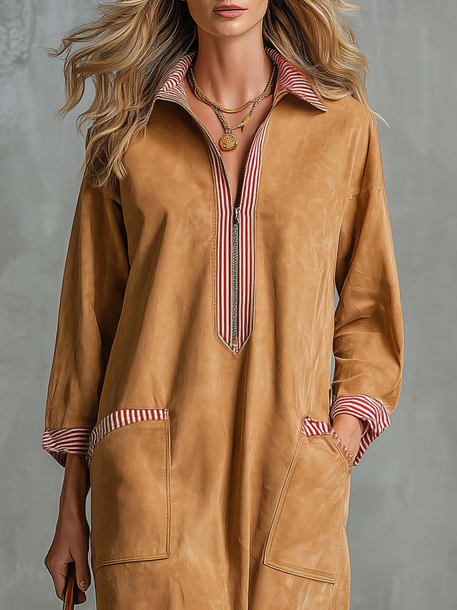 Retro Camel Faux-Suede Striped-Trim Collared Quarter-Zip Long-Sleeve Midi Dress