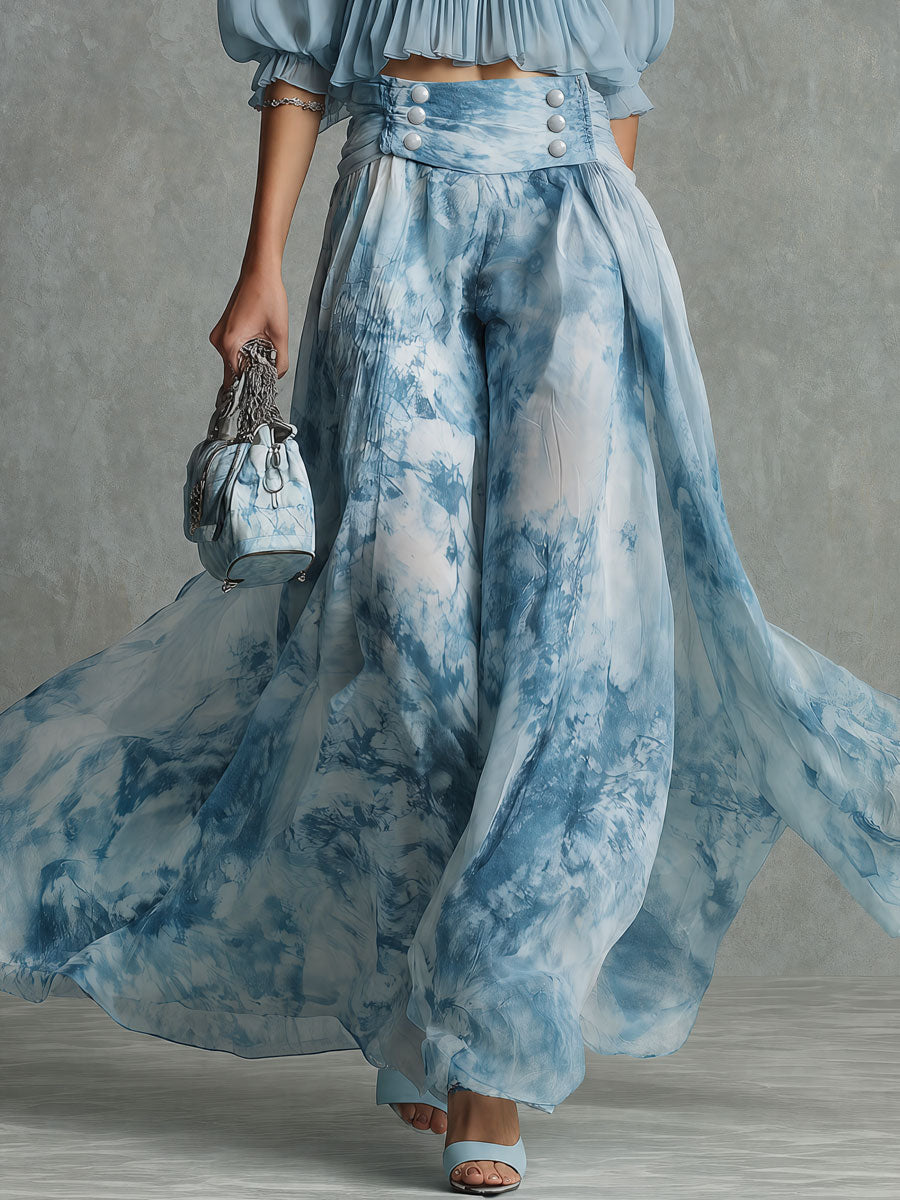 Retro-elegant Blue Printed Chiffon Blouse And Skirt Set
