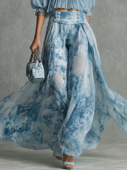 Retro-elegant Blue Printed Chiffon Blouse And Skirt Set