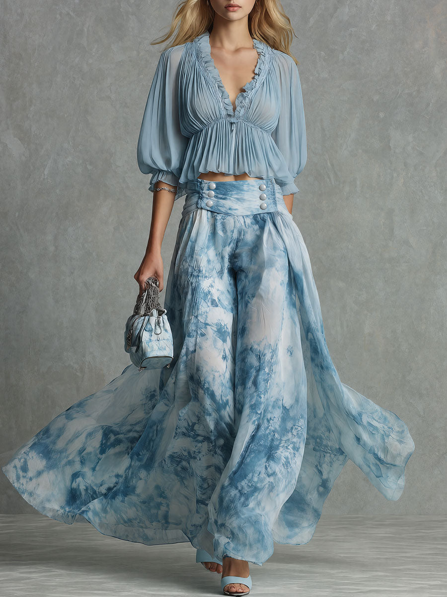 Retro-elegant Blue Printed Chiffon Blouse And Skirt Set