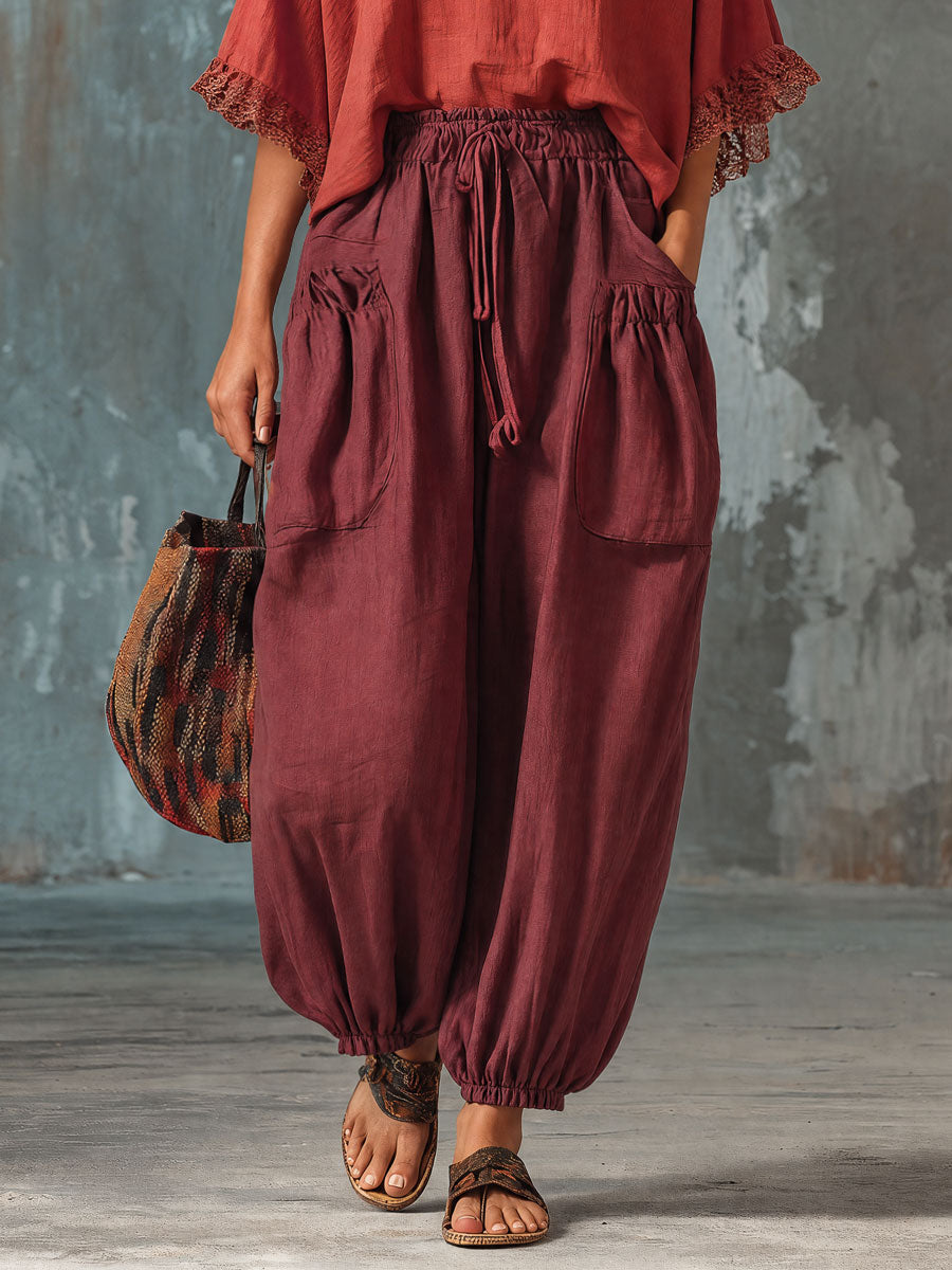 Casual Retro Red Batwing Sleeve Cotton And Linen T-shirt And Lantern Pants Set