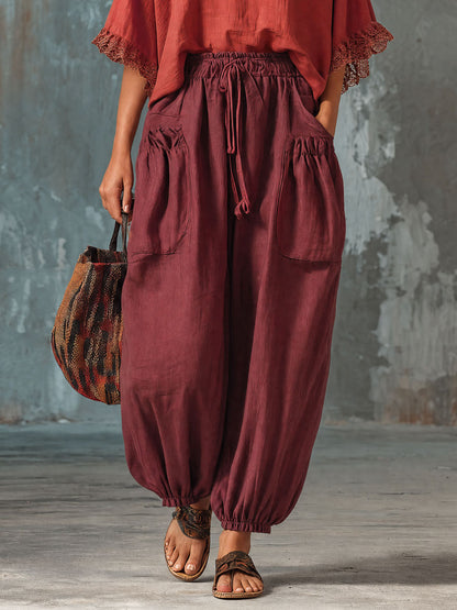 Casual Retro Red Batwing Sleeve Cotton And Linen T-shirt And Lantern Pants Set