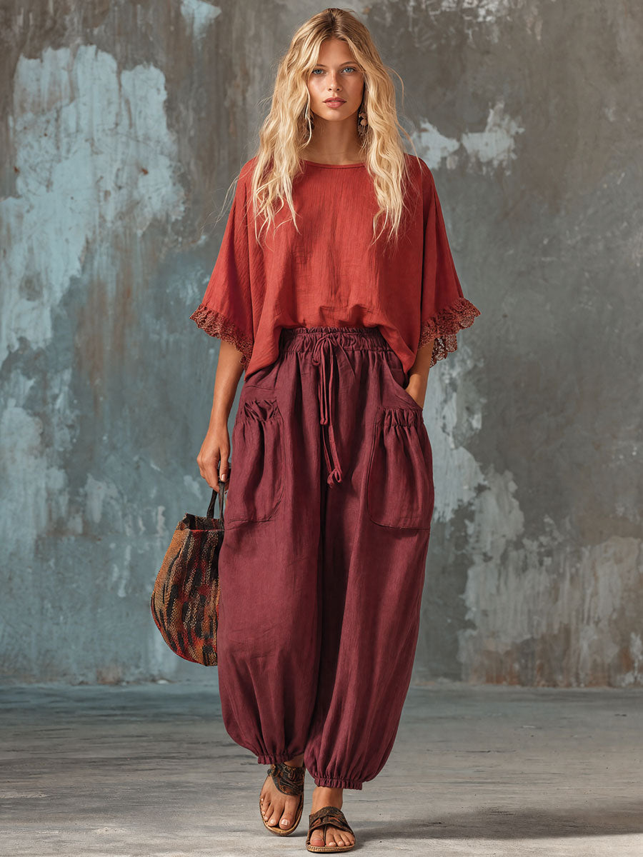 Casual Retro Red Batwing Sleeve Cotton And Linen T-shirt And Lantern Pants Set