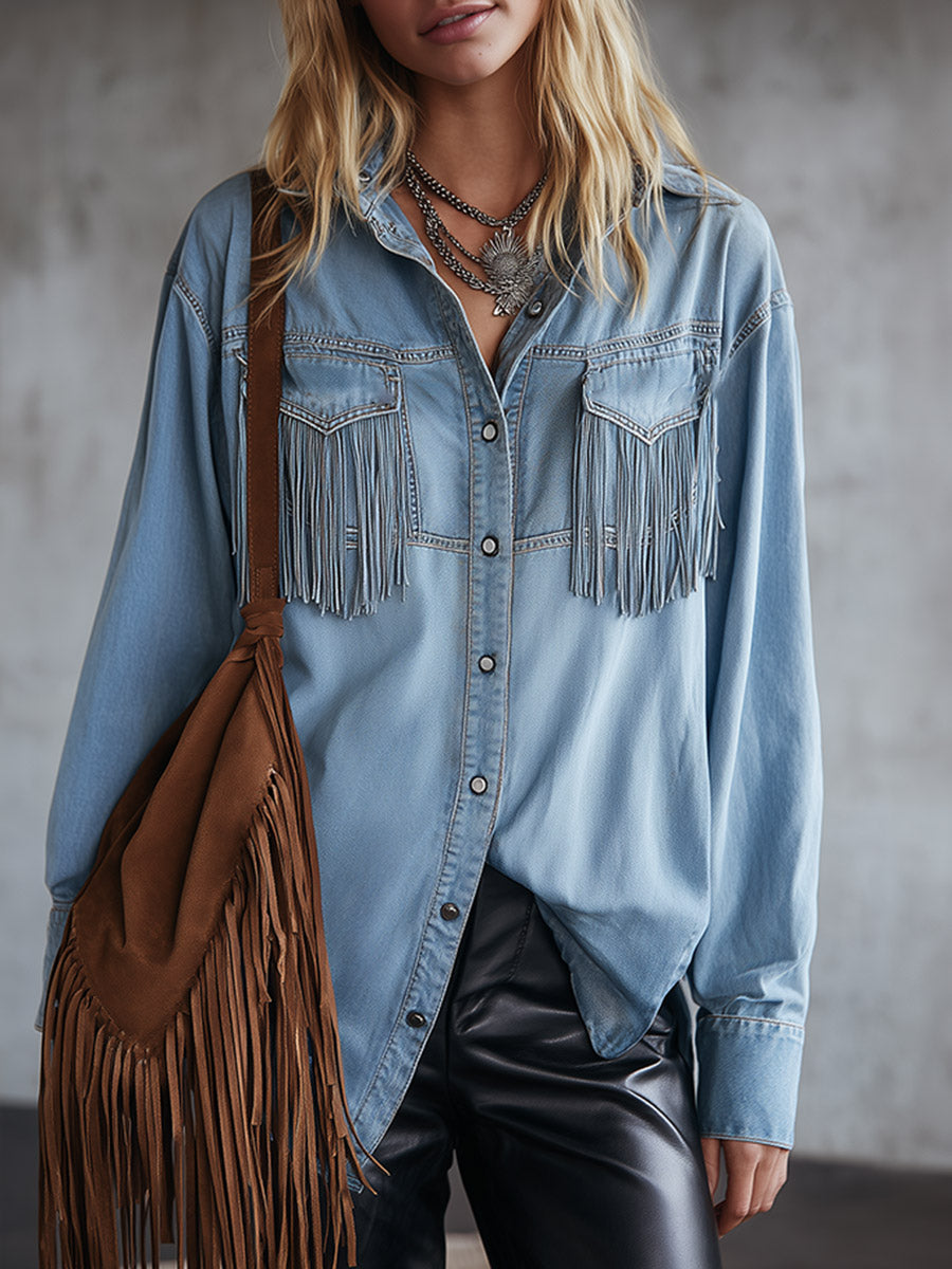 Chic &amp; Casual Fringed Light Blue Denim Shirt