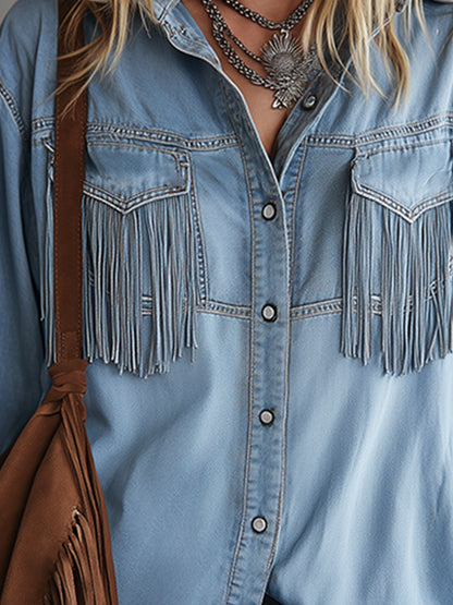 Chic &amp; Casual Fringed Light Blue Denim Shirt
