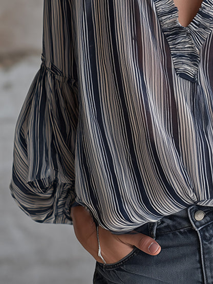 Elegant Vintage V-Neck Ruffled Blue Striped Chiffon Shirt