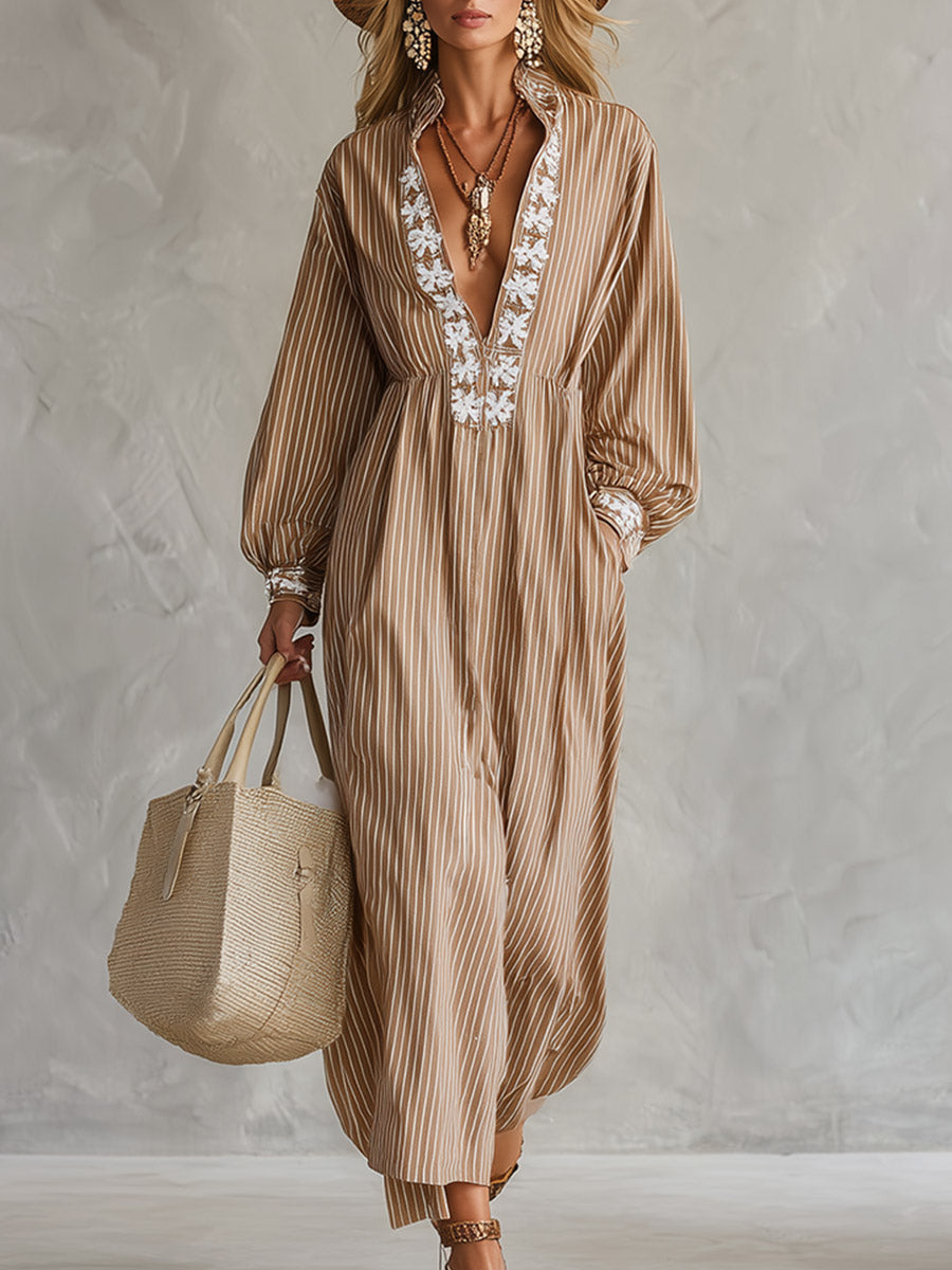 Vintage-style Boho Embroidered Khaki Striped Long-sleeve Maxi Dress