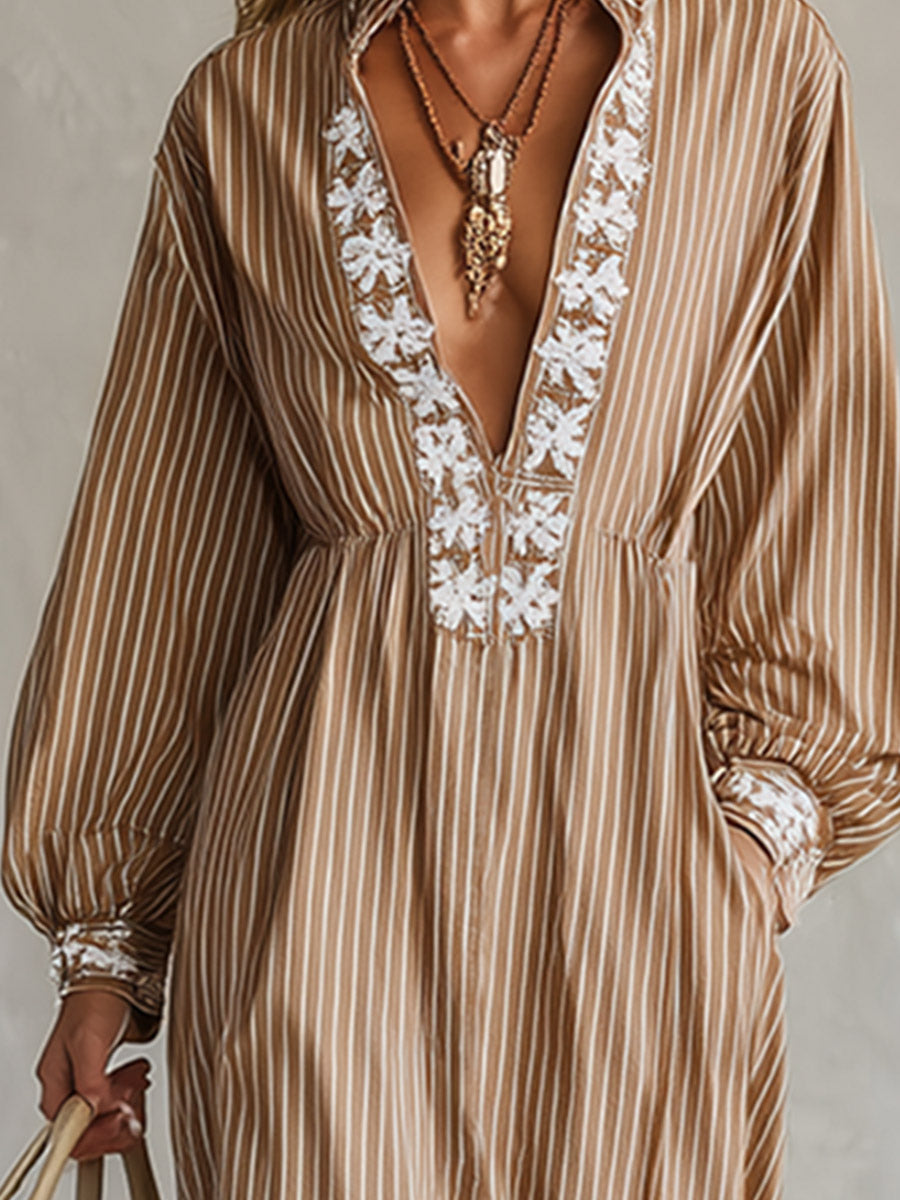 Vintage-style Boho Embroidered Khaki Striped Long-sleeve Maxi Dress