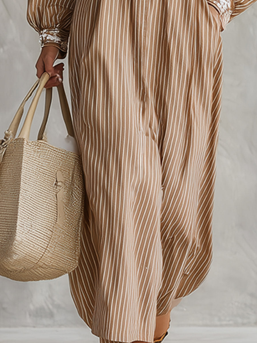 Vintage-style Boho Embroidered Khaki Striped Long-sleeve Maxi Dress