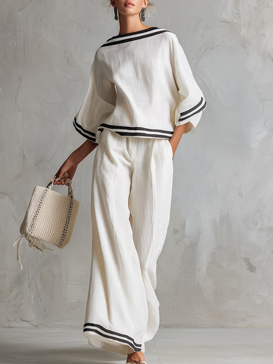 Elegant Minimalist Trim White Cotton-Linen T-Shirt And Wide-Leg Pants Set