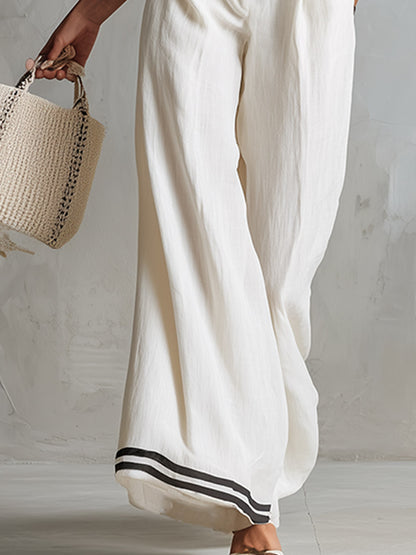 Elegant Minimalist Trim White Cotton-Linen T-Shirt And Wide-Leg Pants Set