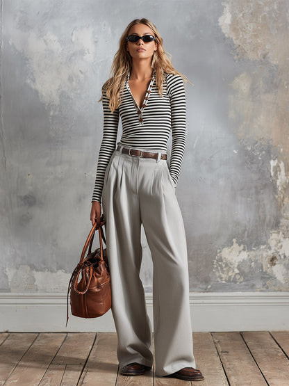 Retro Casual Striped Long-Sleeve T-Shirt &amp; Grey Cotton Wide-Leg Pants Set