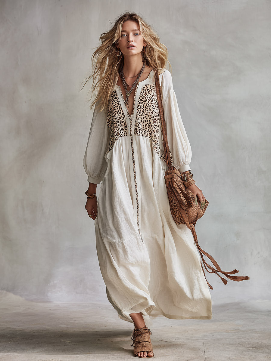 Vintage-style Boho White Leopard-print Patchwork Long-sleeved Maxi Dress