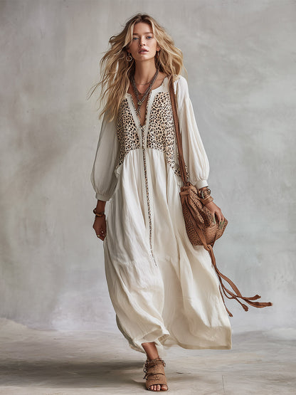 Vintage-style Boho White Leopard-print Patchwork Long-sleeved Maxi Dress