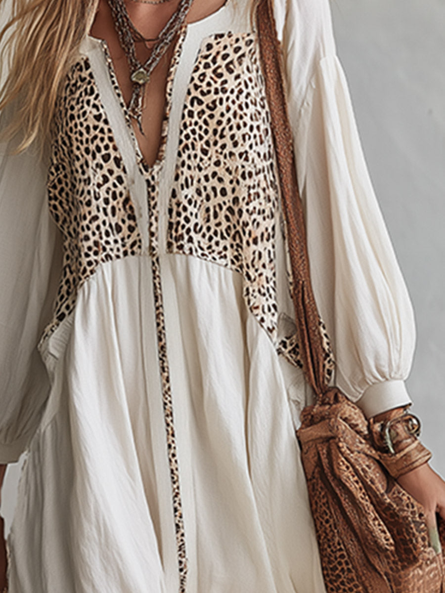 Vintage-style Boho White Leopard-print Patchwork Long-sleeved Maxi Dress
