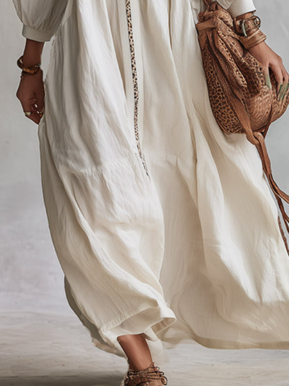 Vintage-style Boho White Leopard-print Patchwork Long-sleeved Maxi Dress