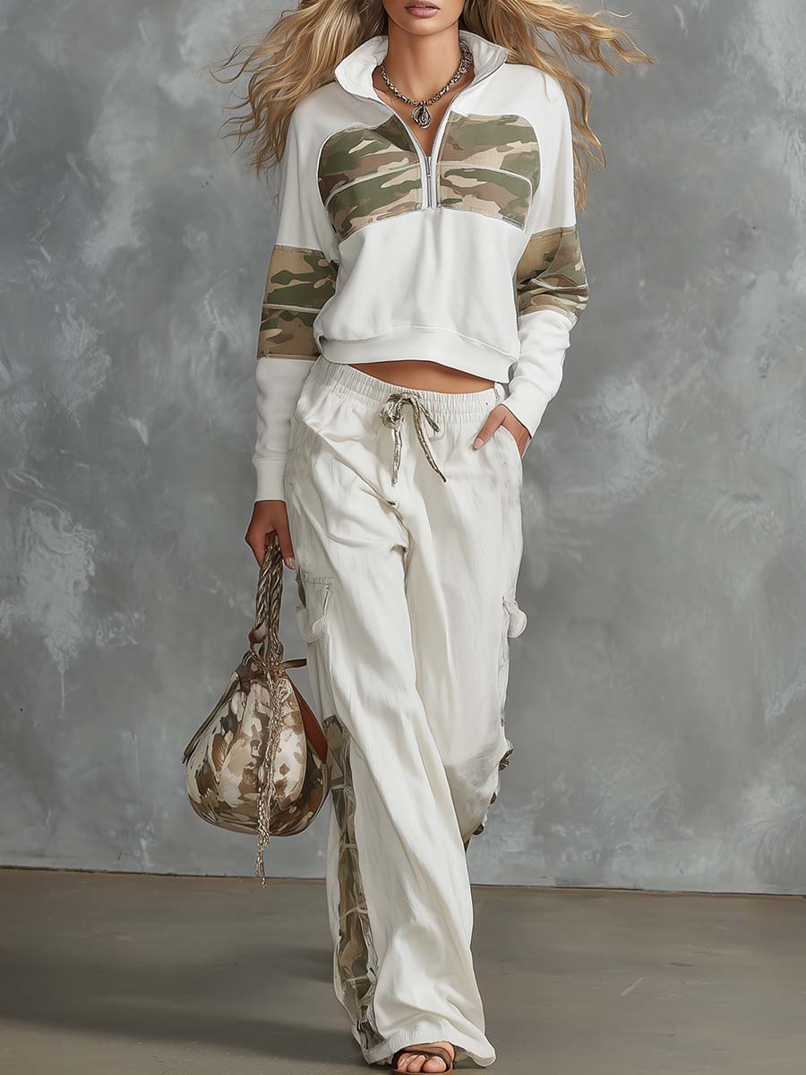 Sporty Camo Colorblock Half-Zip Sweatshirt And Cargo Wide-Leg Pants Set