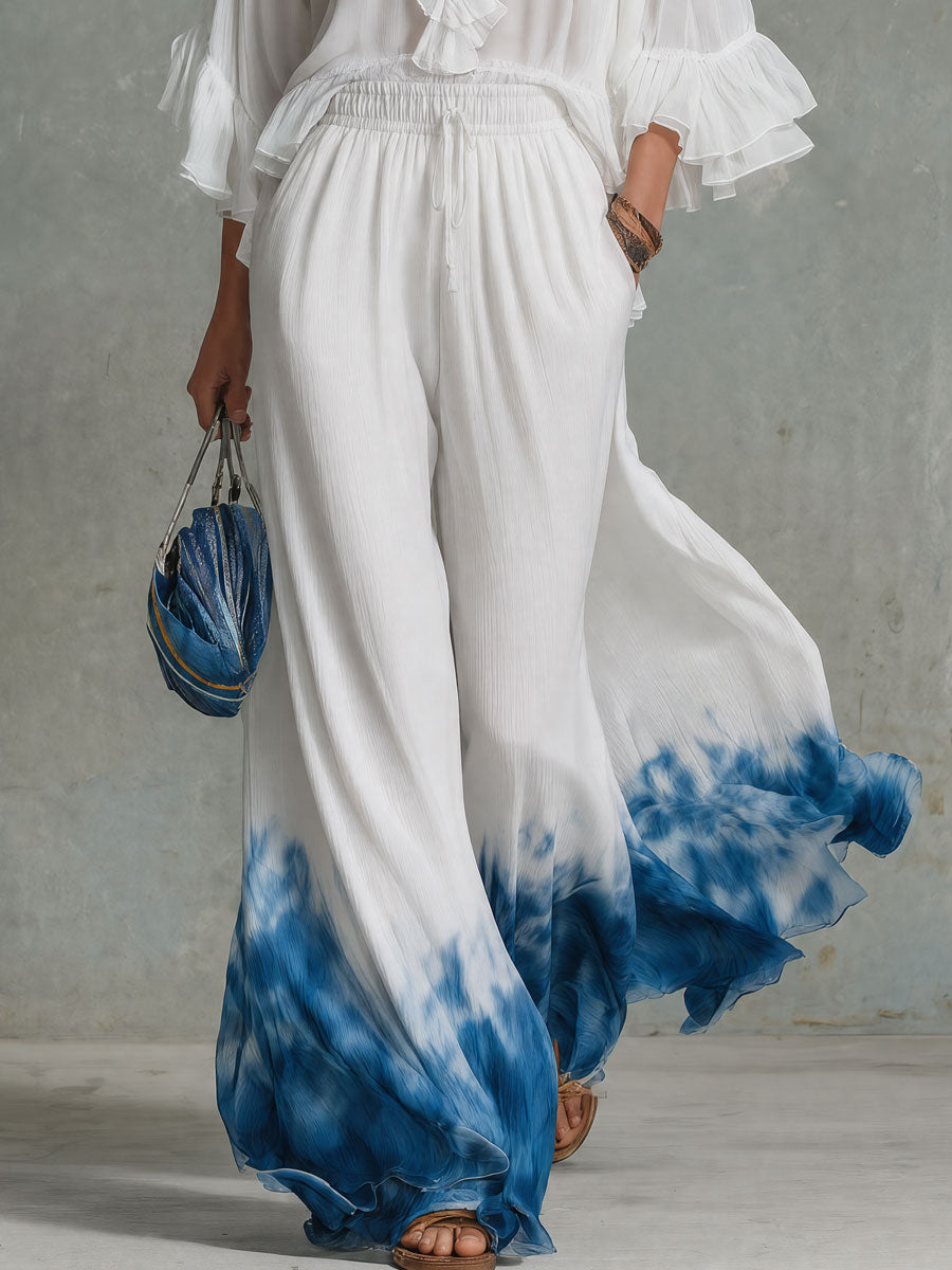 Retro-elegant White Ruffled V-neck Chiffon Blouse And Blue Tie-dye Trousers Set