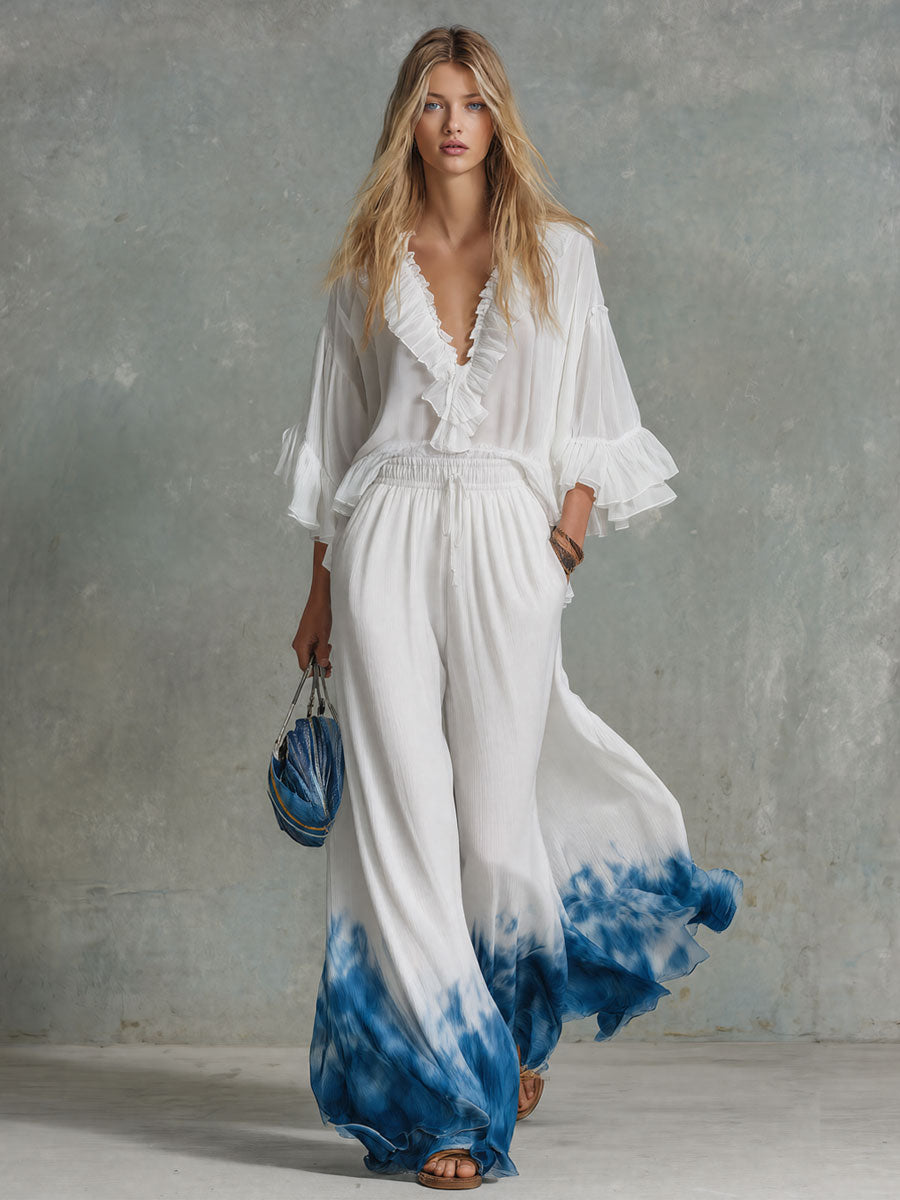 Retro-elegant White Ruffled V-neck Chiffon Blouse And Blue Tie-dye Trousers Set