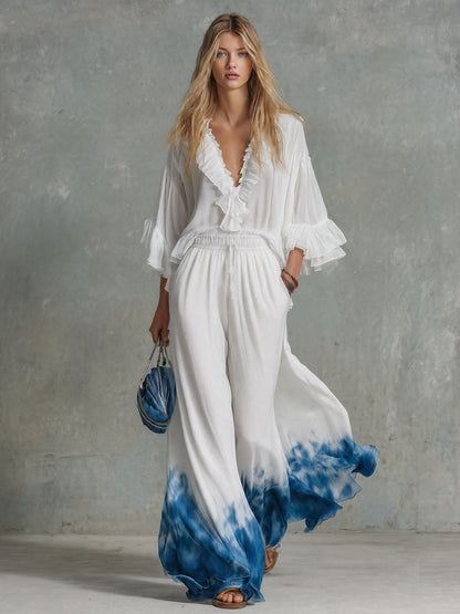 Retro-elegant White Ruffled V-neck Chiffon Blouse And Blue Tie-dye Trousers Set