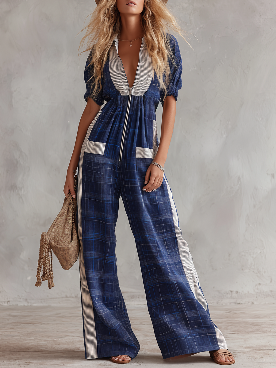 Retro-casual Elegant Western-style Vertical-striped Patchwork Jumpsuit
