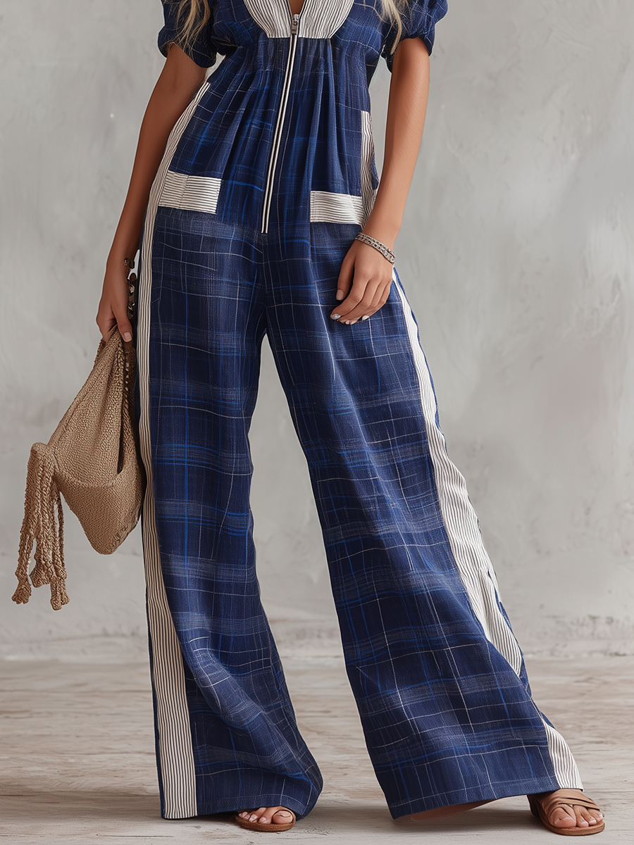 Retro-casual Elegant Western-style Vertical-striped Patchwork Jumpsuit