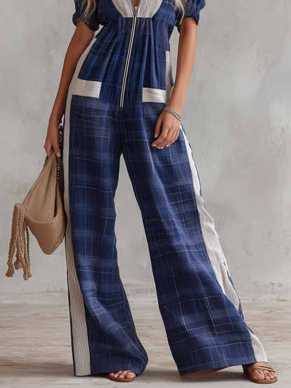 Retro-casual Elegant Western-style Vertical-striped Patchwork Jumpsuit