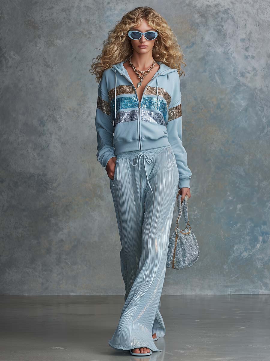 Blue Sequin-Stripe Zip Hoodie And Pleated Wide-Leg Pants Two-Piece Set