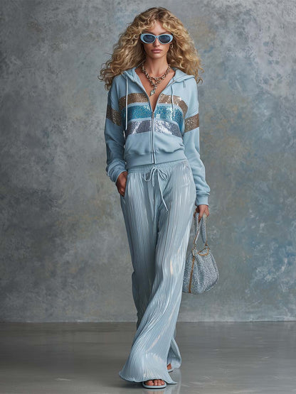 Blue Sequin-Stripe Zip Hoodie And Pleated Wide-Leg Pants Two-Piece Set