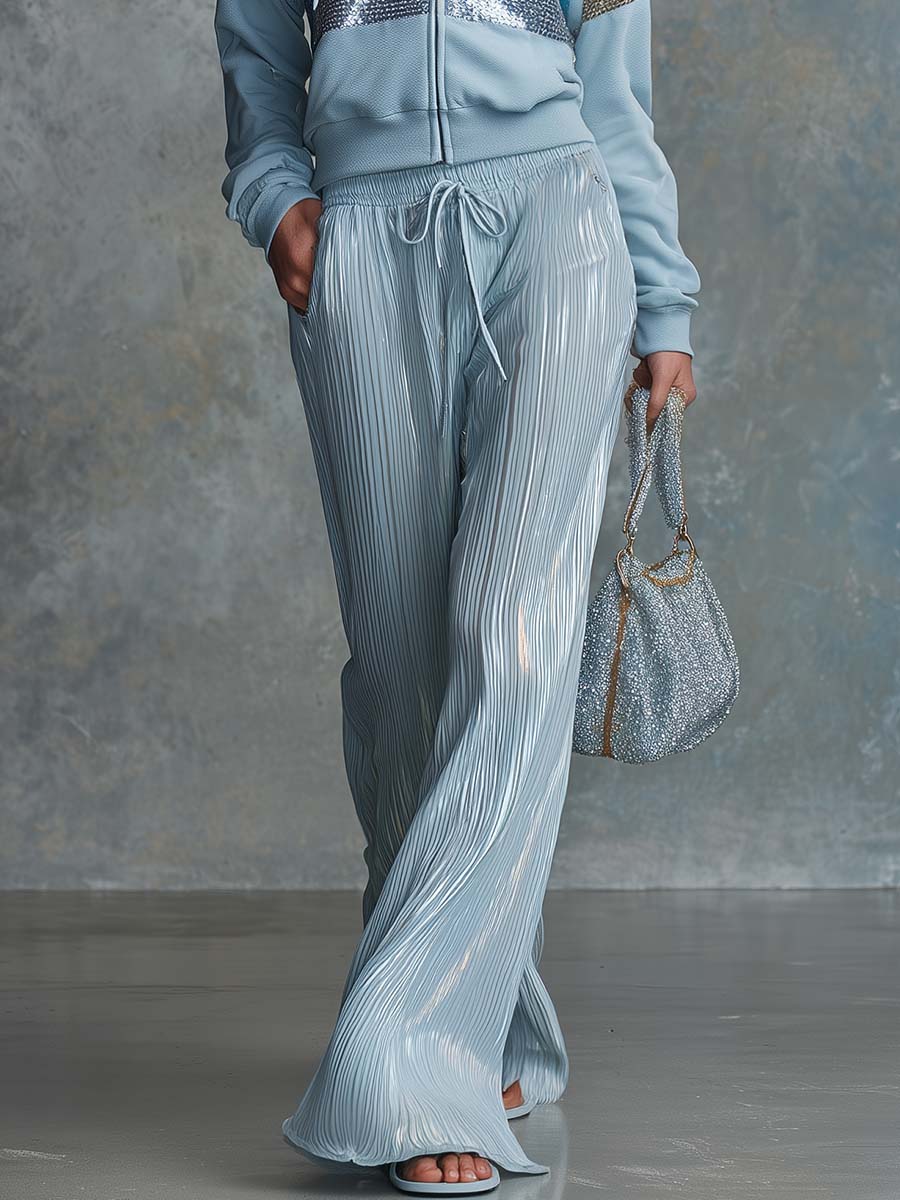 Blue Sequin-Stripe Zip Hoodie And Pleated Wide-Leg Pants Two-Piece Set